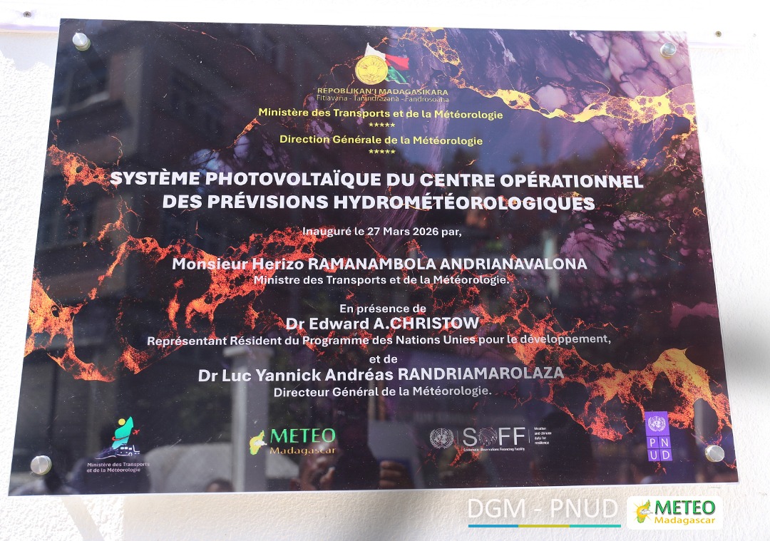 Inauguration officielle du système photovoltaïque du Centre Opérationnel des Prévisions hydrométéorologiques d’Antananarivo | 27 mars 2026 Inauguration officielle du système photovoltaïque du Centre Opérationnel des Prévisions hydrométéorologiques d’Antananarivo | 27 mars 2026